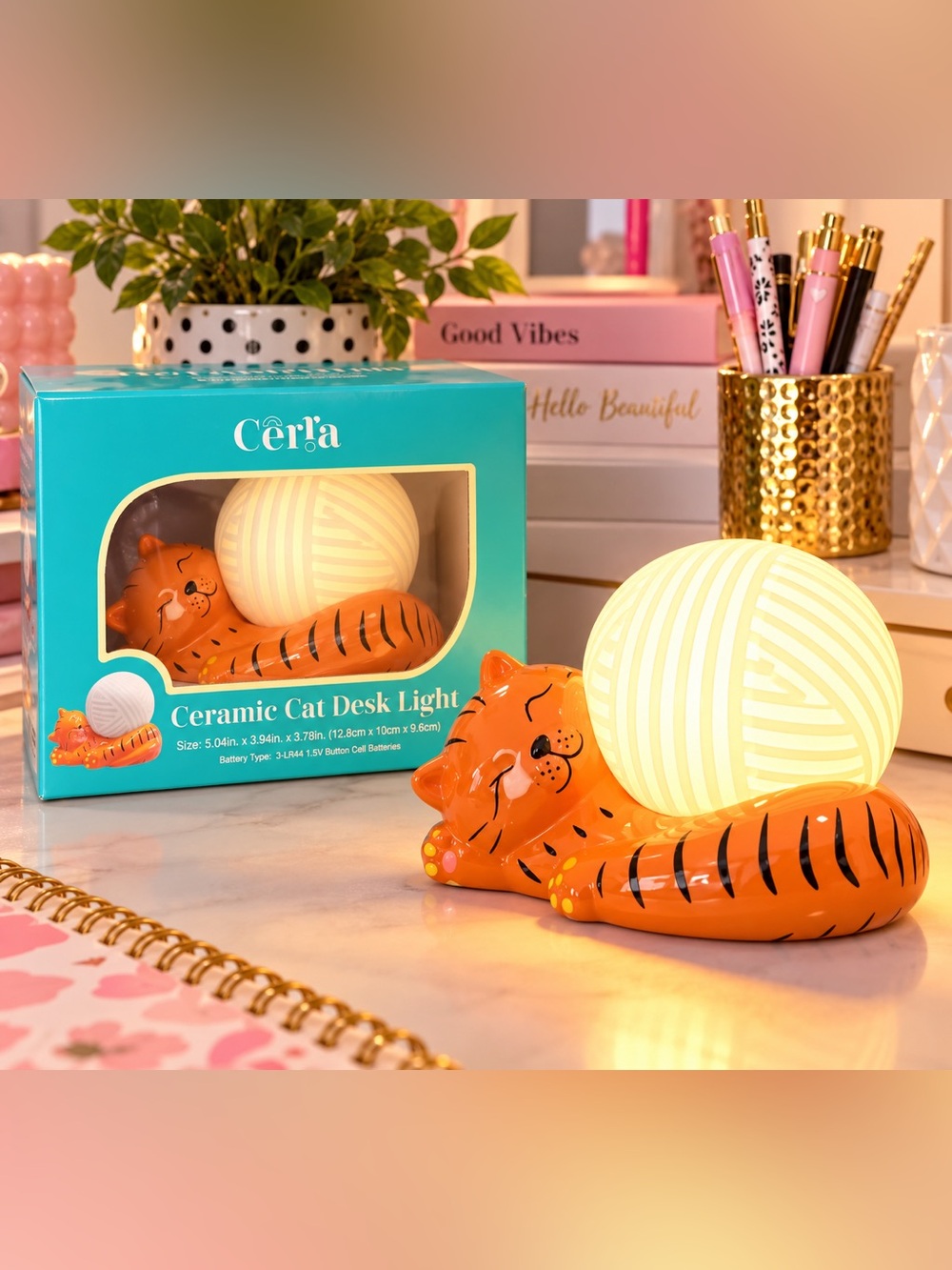 Orange Ceramic Cat Desk Light NIB